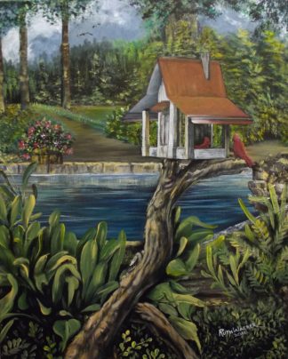 Painting of a bird feeder near a body of water