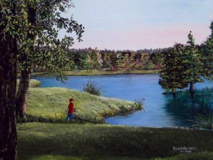 Painting of a boy in a red shirt walking near a pond