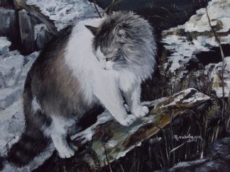 Painting of a cat outdoors in the snow