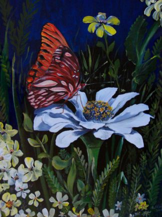 Painting of a red butterfly on a white flower
