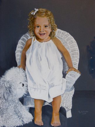 Painting of a little girl in a white dress smiling