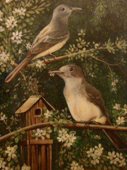 Painting of a pair of birds nesting