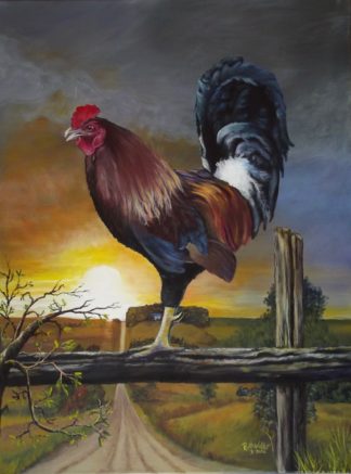 Painting of a rooster on a fence