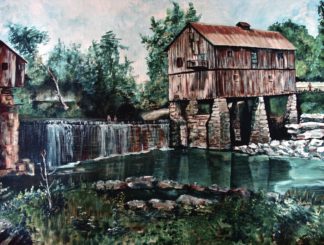 Painting of a water mill with stone foundations