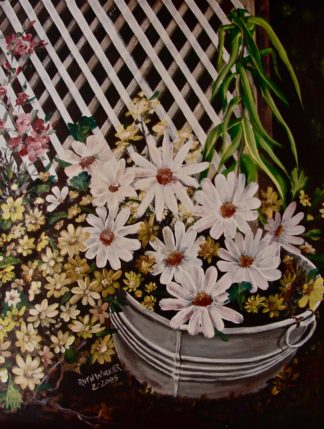 Painting of chrysanthemums in a metal pail