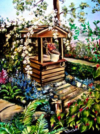 Painting of a wishing well surrounded by flowers