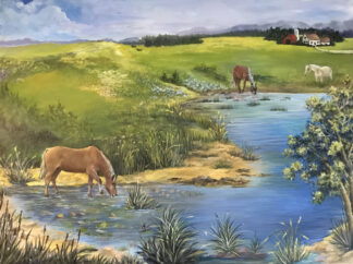 Enlarged painting of horses drinking from a river